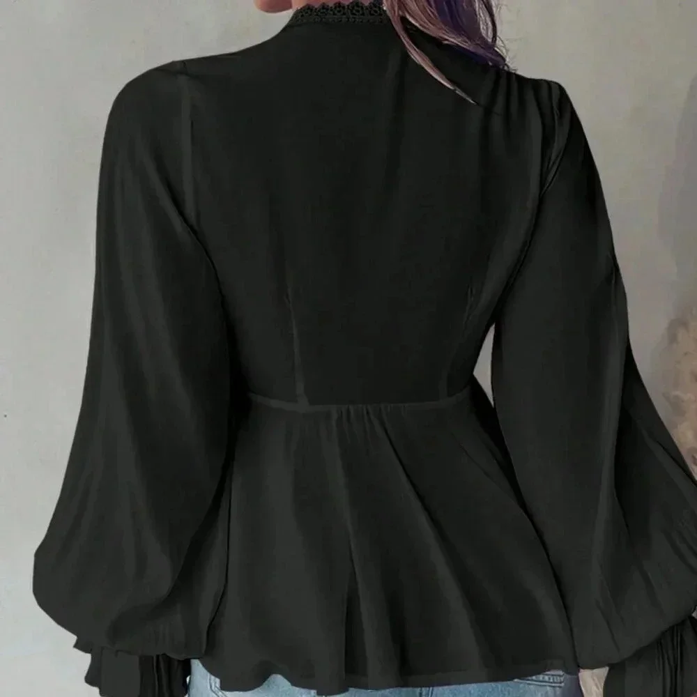 Black Boho Women's Casual Lace Patchwork Ruffle Sleeve Blouse